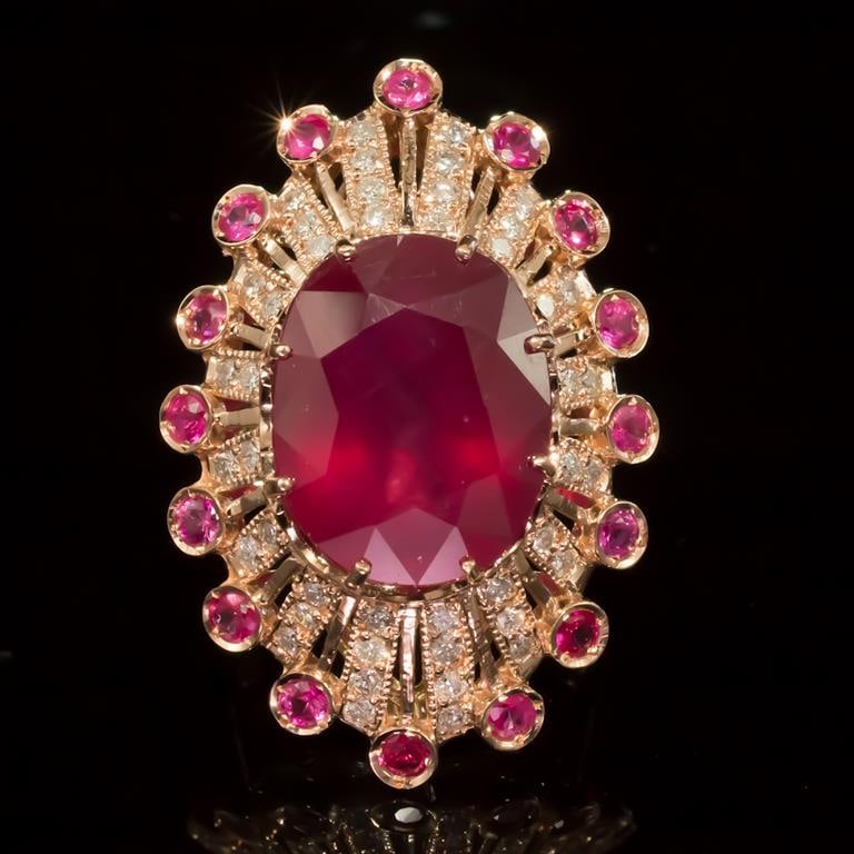 14k Gold 19.23ct Ruby 1.10ct Diamond Ring: Retail: $11,336.00 ******14k Gold Ruby & Diamond Ring ****** Metal: 14K Solid Rose Gold / Total Item Weight: 14.3 grams / Country Made: United States / / Main Stone: Ruby / Color: Red / Carat Total We