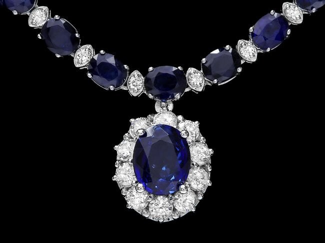 14k Gold 29ct Sapphire 2.25ct Diamond Necklace: Retail: $32,500.00 ****** 14k Gold 29ct Sapphire 2.25ct Diamond Necklace ****** Metal: 14k Solid White Gold / Size: 16.5 / Total Item Weight: 25.00 grams / Country Made: United States / / Main Stone: 