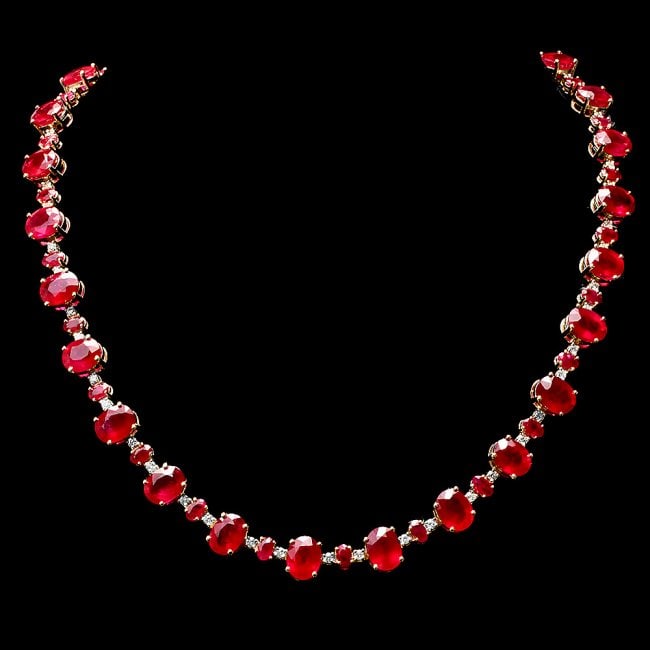 14k Yellow Gold 73ct Ruby 2.00ct Diamond Necklace: Retail: $34,500.00 ****** 14k Yellow Gold 73ct Ruby 2.00ct Diamond Necklace ****** Metal: 14k Solid Yellow Gold / Size: 17.5 / Total Item Weight: 49 grams / Country Made: United States / / Main Stone: