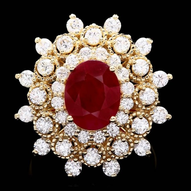 14k Yellow Gold 4.00ct Ruby 2.00ct Diamond Ring: Retail: $14,600.00 ****** 14k Yellow Gold 4.00ct Ruby 2.00ct Diamond Ring ****** Metal: 14k Solid Yellow Gold / Size: 5.75 / Total Item Weight: 9.0 grams / Country Made: United States / / Main Stone: 