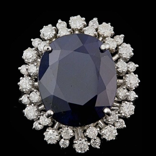 14k Gold 16.00ct Sapphire 1.55ct Diamond Ring: Retail: $18,900.00 ****** 14k Gold 16.00ct Sapphire 1.55ct Diamond Ring ****** Metal: 14k Solid White Gold / Size: 6.5 / Total Item Weight: 10.0 grams / Country Made: United States / / Main Stone: Sap