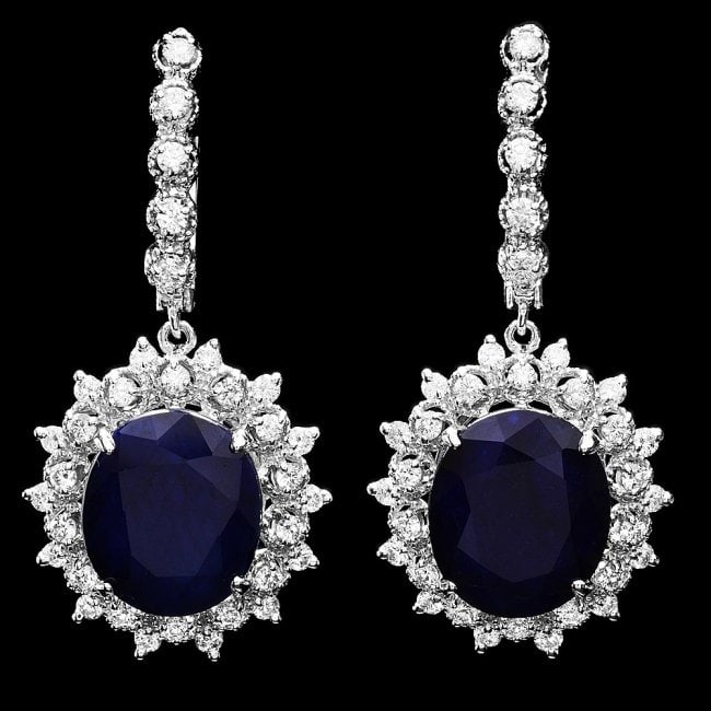 14k Gold 15ct Sapphire 1.50ct Diamond Earrings: Retail: $11,870.00 ****** 14k Gold 15ct Sapphire 1.50ct Diamond Earrings ****** Metal: 14k Solid White Gold / Total Item Weight: 11.0 grams / Country Made: United States / / Main Stone: Sapphire / Col