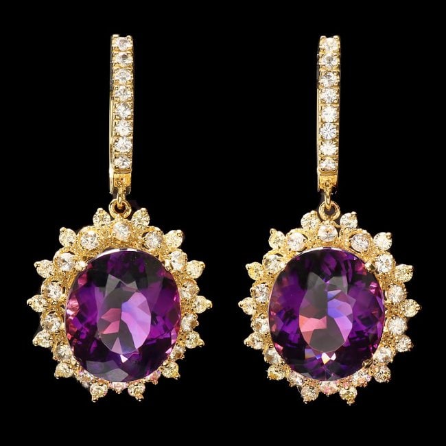 14k Gold 15.00ct Amethyst 2.10ct Diamond Earrings: Retail: $9,200.00 ****** 14k Gold 15.00ct Amethyst 2.10ct Diamond Earrings ****** Metal: 14k Solid Yellow Gold / Total Item Weight: 10.5 grams / Country Made: United States / / Main Stone: Amethyst / 