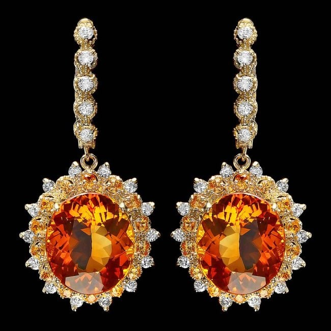 14k Gold 13.50ct Citrine 1.00ct Diamond Earrings: Retail: $8,400.00 ****** 14k Gold 13.50ct Citrine 1.00ct Diamond Earrings ****** Metal: 14k Solid Yellow Gold / Total Item Weight: 11.00 grams / Country Made: United States / / Main Stone: Citrine / C