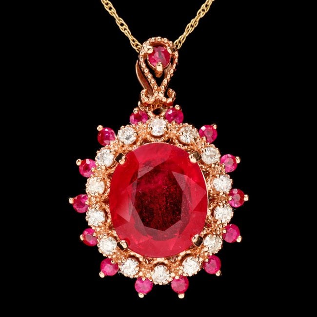14k Rose Gold 5.55ct Ruby 0.35ct Diamond Pendant: Retail: $4,900.00 ****** 14k Rose Gold 5.55ct Ruby 0.35ct Diamond Pendant ****** Metal: 14k Solid Rose Gold / Size: 16 / Total Item Weight: 4.0 grams / Country Made: United States / / Main Stone: Ruby