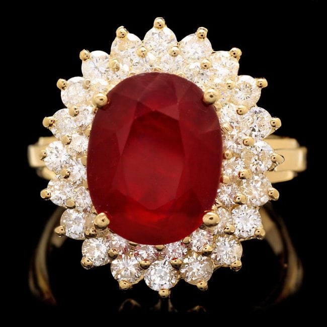 14k Yellow Gold 6.20ct Ruby 1.50ct Diamond Ring: Retail: $9,850.00 ****** 14k Yellow Gold 6.20ct Ruby 1.50ct Diamond Ring ****** Metal: 14k Solid Yellow Gold / Size: 7 / Total Item Weight: 7.0 grams / Country Made: United States / / Main Stone: Ruby