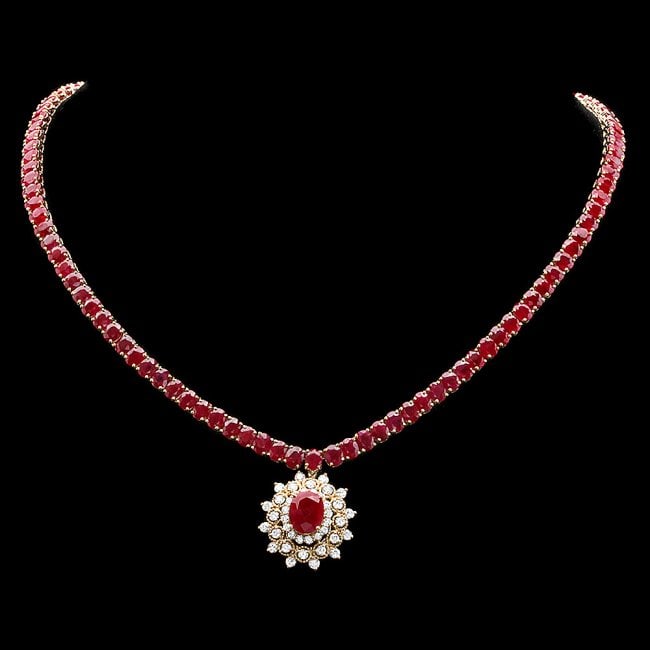 14k Yellow Gold 51ct Ruby 1.70ct Diamond Necklace: Retail: $32,700.00 ****** 14k Yellow Gold 51ct Ruby 1.70ct Diamond Necklace ****** Metal: 14k Solid Yellow Gold / Size: 17.5 / Total Item Weight: 36 grams / Country Made: United States / / Main Stone: