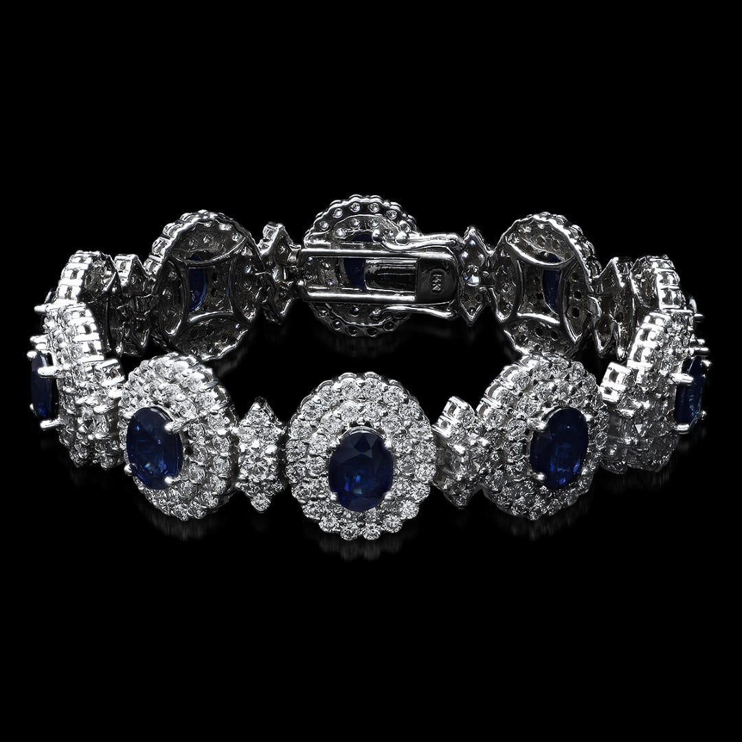 14K White Gold,23.00cts Sapphire & 14.89cts Diamond Bracelet: Retail: $88,975****** 14K White Gold,23.00cts Sapphire & 14.89cts.Diamond Bracelet******* Metal: 14K White Gold/ Total Wt.: 29.0g/ Country Made USA/ Main Stone: Sapphire/ Adjacent Stone: Diamond/ Main