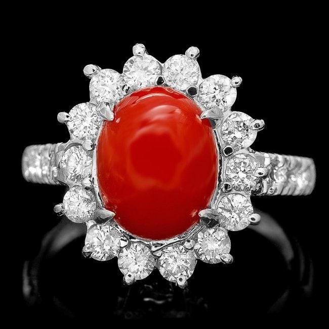 14k White Gold 2.50ct Coral 1.10ct Diamond Ring: Retail: $8,750.00 ****** 14k White Gold 2.50ct Coral 1.10ct Diamond Ring ****** Metal: 14k Solid White Gold / Size: 6.75 / Total Item Weight: 5.5 grams / Country Made: United States / / Main Stone: Co