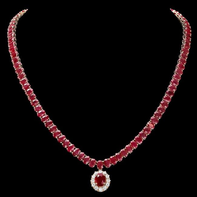 14k Yellow Gold 58.5ct Ruby 1ct Diamond Necklace: Retail: $38,800.00 ****** 14k Yellow Gold 58.5ct Ruby 1ct Diamond Necklace ****** Metal: 14k Solid Yellow Gold / Size: 17 / Total Item Weight: 37.5 grams / Country Made: United States / / Main Stone: 