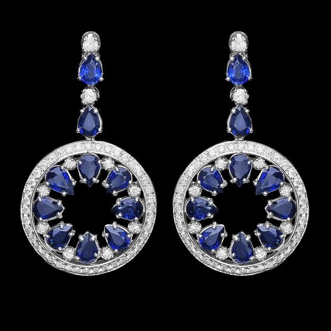 14k Gold 16ct Sapphire 3.50ct Diamond Earrings: Retail: $27,400.00 ****** 14k Gold 16ct Sapphire 3.50ct Diamond Earrings ****** Metal: 14k Solid White Gold / Total Item Weight: 24.5 grams / Country Made: United States / / Main Stone: Sapphire / Col