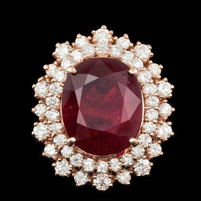 14k Rose Gold 8.50ct Ruby 1.50ct Diamond Ring: Retail: $9,600.00 ****** 14k Rose Gold 8.50ct Ruby 1.50ct Diamond Ring ****** Metal: 14k Solid Rose Gold / Size: 6.75 / Total Item Weight: 8.10 grams / Country Made: United States / / Main Stone: Ruby