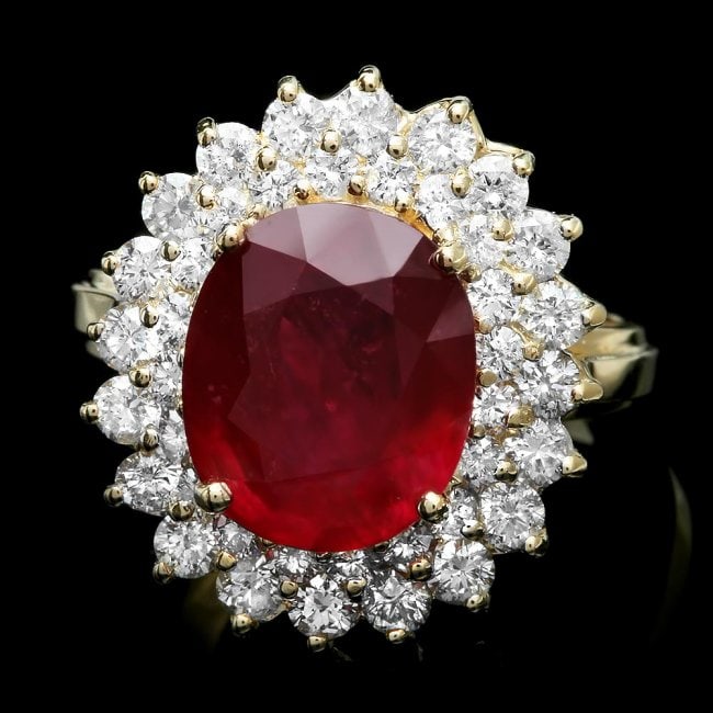 14k Yellow Gold 5.00ct Ruby 1.50ct Diamond Ring: Retail: $8,100.00 ****** 14k Yellow Gold 5.00ct Ruby 1.50ct Diamond Ring ****** Metal: 14k Solid Yellow Gold / Size: 7 / Total Item Weight: 7.0 grams / Country Made: United States / / Main Stone: Ruby