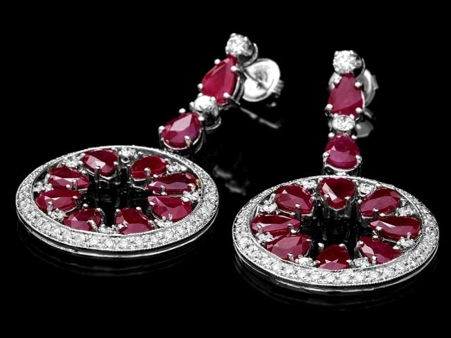 14k Gold 18.50ct Ruby 1.60ct Diamond Earrings: Retail: $23,780.00 ****** 14k Gold 18.50ct Ruby 1.60ct Diamond Earrings ****** Metal: 14k Solid White Gold / Total Item Weight: 23.0 grams / Country Made: United States / / Main Stone: Ruby / Color: R