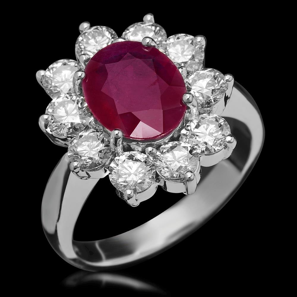 14K Gold 2.95ct Ruby & 2.20ct Diamond Ring: Retail: $9,970.00****** 14K Gold Ruby & Diamond Ring ****** Metal: 14K Solid White Gold / Total Item Weight: 7.3 grams / Country Made: United States / / Main Stone: Ruby / Color: Red / Carat Total Wei