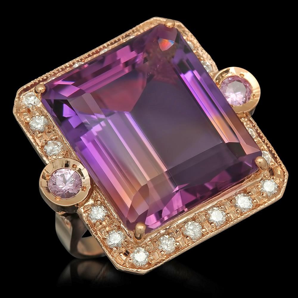 14K Gold 25.07ct Ametrine 0.40ct Sapphire 1.00ct Diamond Ring: Retail: $13,860.00 ****** 14K Gold 25.07ct Ametrine 0.40ct Sapphire 1.00ct Diamond Ring ****** Metal: 14K Solid Rose Gold / Total Item Weight: 14.5 grams / Country Made: United States / / Main Stone: 
