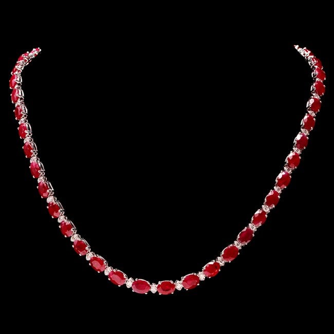 14k Gold 41.00ct Ruby 2.00ct Diamond Necklace: Retail: $28,840.00 ****** 14k Gold 41.00ct Ruby 2.00ct Diamond Necklace ****** Metal: 14k Solid White Gold / Size: 17.5 / Total Item Weight: 25.5 grams / Country Made: United States / / Main Stone: Ru
