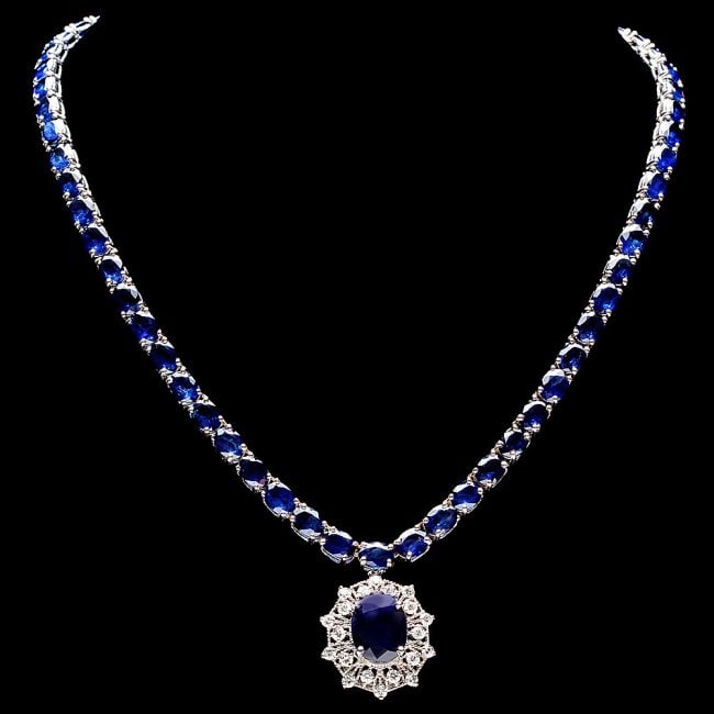 14k Gold 58ct Sapphire 1.15ct Diamond Necklace: Retail: $28,500.00 ****** 14k Gold 58ct Sapphire 1.15ct Diamond Necklace ****** Metal: 14k Solid White Gold / Size: 16.5 / Total Item Weight: 36.5 grams / Country Made: United States / / Main Stone: S