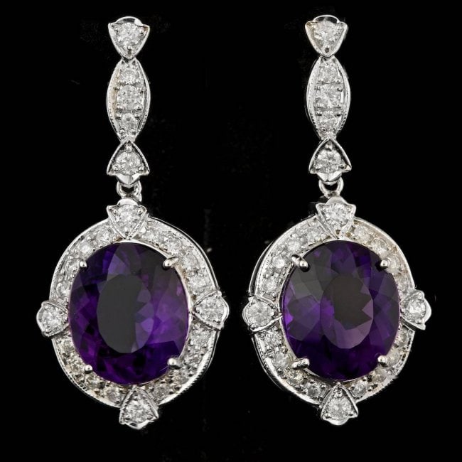14k Gold 14.50ct Amethyst 1.80ct Diamond Earrings: Retail: $18,700.00 ****** 14k Gold 14.50ct Amethyst 1.80ct Diamond Earrings ****** Metal: 14k Solid White Gold / Total Item Weight: 13.0 grams / Country Made: United States / / Main Stone: Amethyst / 