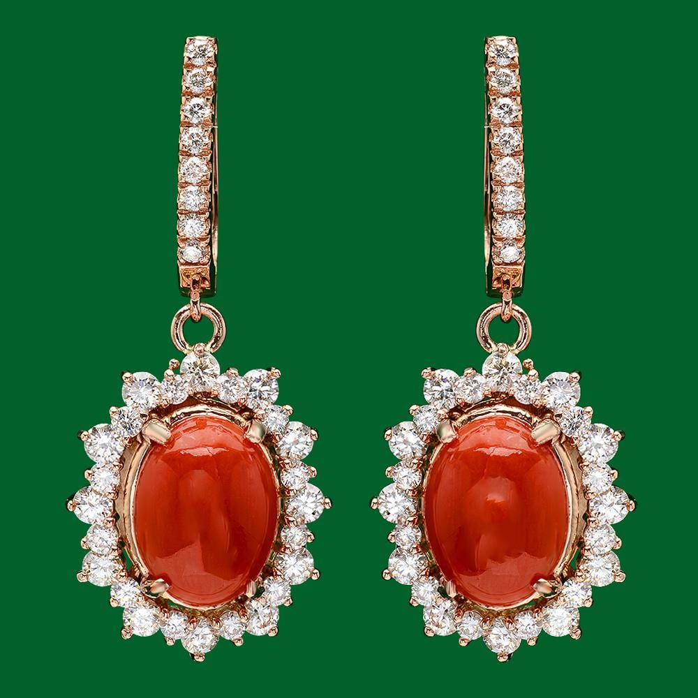 14k Gold 6.11ct Coral 2.55ct Diamond Earrings: Retail: $8,960.00 ****** 14k Gold 6.11ct Coral 2.55ct Diamond Earrings ****** Metal: 14k Solid White Gold / Total Item Weight: 11.2 grams / Country Made: United States / / Main Stone: Coral / Color: B