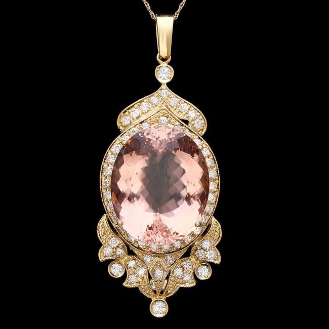 14k Gold 33.00ct Morganite 2.55ct Diamond Pendant: Retail: $22,000.00 ****** 14k Gold 33.00ct Morganite 2.55ct Diamond Pendant ****** Metal: 14k Solid Yellow Gold / Size: 16 / Total Item Weight: 23.5 grams / / Main Stone: Morganite / Color: Pink / Car