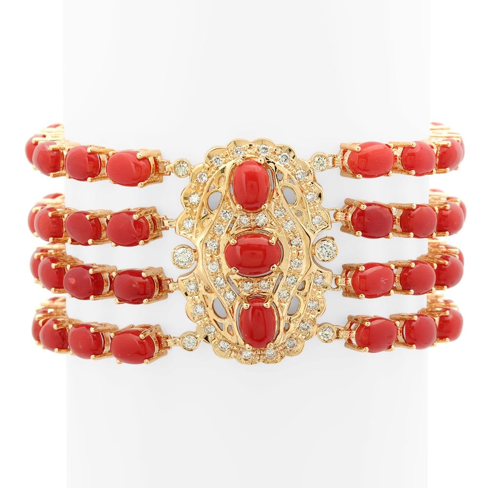 14K Gold 39.10ct Coral 1.05cts Diamond Bracelet: Retail: $28,120.00 ****** 14K Gold 39.10ct Coral 1.05cts Diamond Bracelet ****** Metal: 14K Yellow Gold / Total Item Weight: 47.2 grams / Country Made: United States / Main Stone: Coral / Color: Reddi