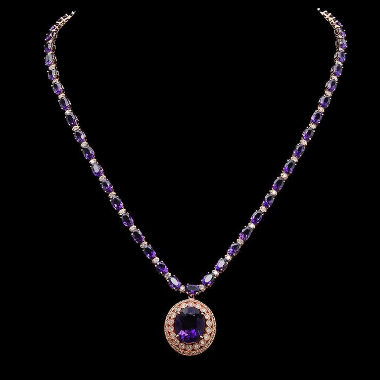 14K Gold 30.08ct Amethyst & 2.60ct Diamond Necklace: Retail: $21,860.00******14K Gold Amethyst & Diamond Necklace****** Metal: 14K Solid Rose Gold / Total Item Weight: 24.9 grams/ Country Made: United States / / Main Stone: Amethyst / Color: Red / Carat