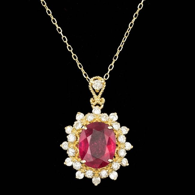 14k Gold 3.00ct Ruby 0.70ct Diamond Pendant: Retail: $4,500.00 ****** 14k Gold 3.00ct Ruby 0.70ct Diamond Pendant ****** Metal: 14k Solid Yellow Gold / Size: 18 / Total Item Weight: 4.0 grams / Country Made: United States / / Main Stone: Ruby / 