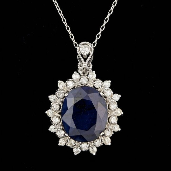 14k Gold 8.00ct Sapphire 0.80ct Diamond Pendant: Retail: $5,900.00 ****** 14k Gold 8.00ct Sapphire 0.80ct Diamond Pendant ****** Metal: 14k Solid White Gold / Size: 18 / Total Item Weight: 6.0 grams / Country Made: United States / / Main Stone: Sapp