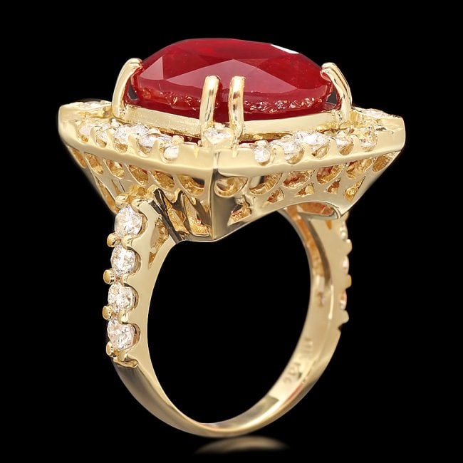 14k Yellow Gold 16.35ct Ruby 2.20ct Diamond Ring: Retail: $14,850.00 ****** 14k Yellow Gold 16.35ct Ruby 2.20ct Diamond Ring ****** Metal: 14k Solid Yellow Gold / Size: 6.5 / Total Item Weight: 11.0 grams / Country Made: United States / / Main Stone: