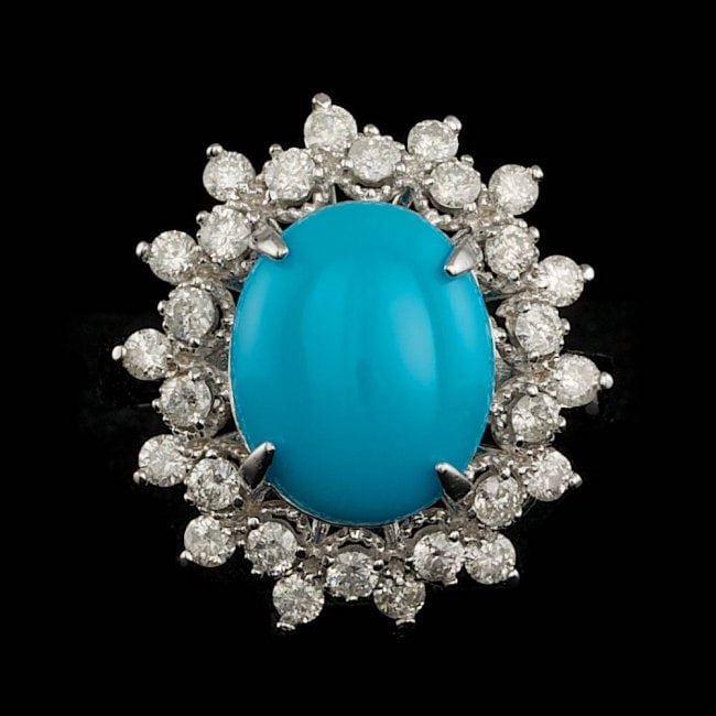 14k Gold 3.30ct Turquoise 0.75ct Diamond Ring: Retail: $7,400.00 ****** 14k Gold 3.30ct Turquoise 0.75ct Diamond Ring ****** Metal: 14k Solid White Gold / Size: 7.25 / Total Item Weight: 5.5 grams / Country Made: United States / / Main Stone: Turq