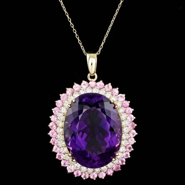 14k Gold 50.00ct Amethyst 2.50ct Diamond Pendant: Retail: $19,600.00 ****** 14k Gold 50.00ct Amethyst 2.50ct Diamond Pendant ****** Metal: 14k Solid Yellow Gold / Size: 18 / Total Item Weight: 27.5 grams / Country Made: United States / / Main Stone: 