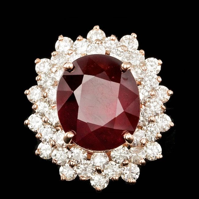 14k Rose Gold 13.00ct Ruby 3.20ct Diamond Ring: Retail: $22,890.00 ****** 14k Rose Gold 13.00ct Ruby 3.20ct Diamond Ring ****** Metal: 14k Solid Rose Gold / Size: 7 / Total Item Weight: 10.5 grams / Country Made: United States / / Main Stone: Ruby 