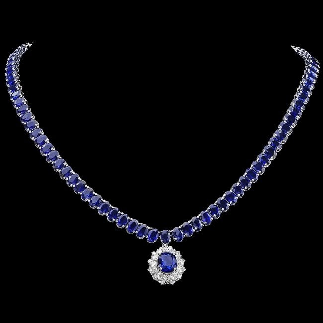 14k Gold 51.5ct Sapphire 1.55ct Diamond Necklace: Retail: $38,600.00 ****** 14k Gold 51.5ct Sapphire 1.55ct Diamond Necklace ****** Metal: 14k Solid White Gold / Size: 16.5 / Total Item Weight: 34.0 grams / Country Made: United States / / Main Stone: