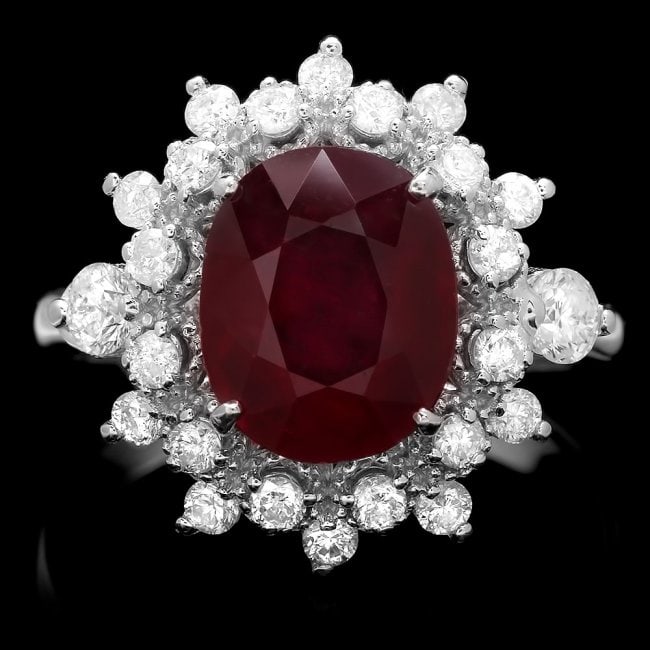 14k White Gold 3.50ct Ruby 0.78ct Diamond Ring: Retail: $6,000.00 ****** 14k White Gold 3.50ct Ruby 0.78ct Diamond Ring ****** Metal: 14k Solid White Gold / Size: 7 / Total Item Weight: 4.5 grams / Country Made: United States / / Main Stone: Ruby /