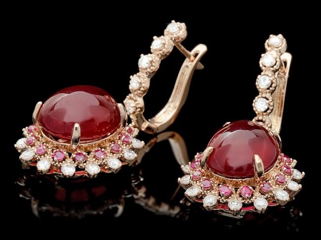 14k Rose Gold 23.8ct Ruby 1.50ct Diamond Earrings: Retail: $9,600.00 ****** 14k Rose Gold 23.8ct Ruby 1.50ct Diamond Earrings ****** Metal: 14k Solid Rose Gold / Total Item Weight: 13.0 grams / Country Made: United States / / Main Stone: Ruby / Color: