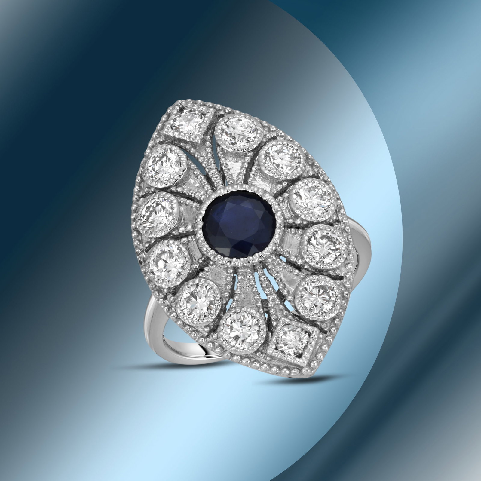 14K Gold 1.24cts Sapphire & 1.20cts Diamond Ring: Retail: $8,280***** 14K Gold 1.24cts Sapphire & 1.20cts Diamond Ring****** Metal: 14K White Gold/ Total Wt.: 6.7g/ Country Made USA// Main Stone: Sapphire/ Carat Total Wt: 1.24cts / Treatment: Diffusi