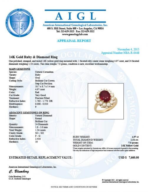 14K Gold 4.97ct Ruby 1.54ct Diamond Ring - 5