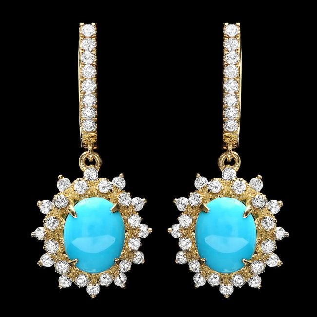 14k Gold 4.00ct Turquoise 1.50ct Diamond Earrings: Retail: $6,500.00 ****** 14k Gold 4.00ct Turquoise 1.50ct Diamond Earrings ****** Metal: 14k Solid Yellow Gold / Total Item Weight: 8 grams / Country Made: United States / / Main Stone: Turquoise / Co