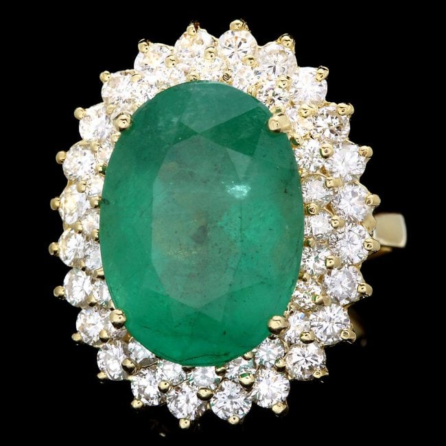 18k Gold 10.00ct Emerald 1.50ct Diamond Ring: Retail: $28,500.00****** 18k Gold 10.00ct Emerald 1.50ct Diamond Ring ****** Metal: 14k Solid Yellow Gold / Size: 7 / Total Item Weight: 10.0grams / Country Made: USA / / Main Stone: Emerald/ Color: G