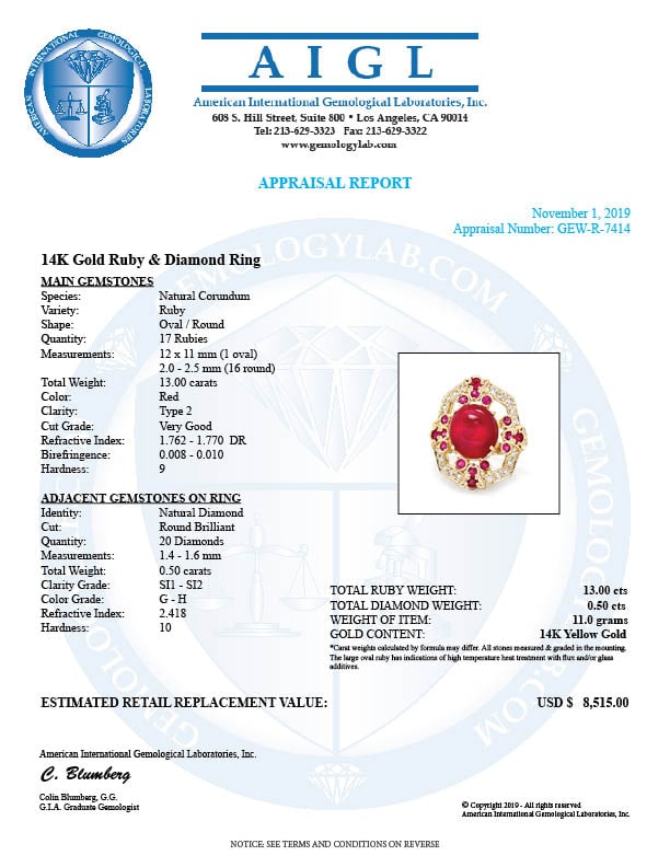 14k Yellow Gold 13ct Ruby 0.50ct Diamond Ring - 5