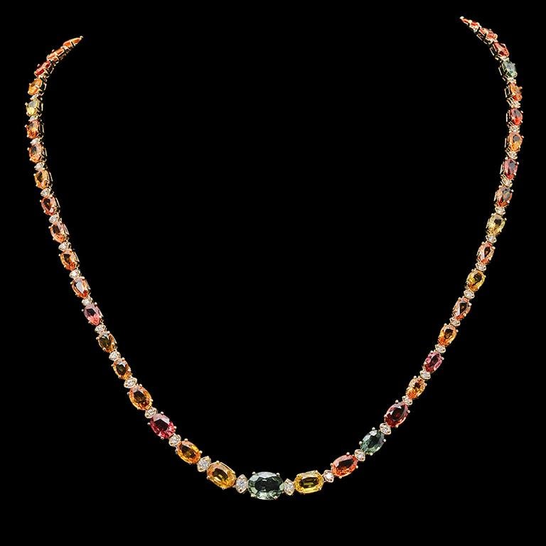 14K Gold 27.10ct Multi-Color Sapphire & 1.21ct Diamond Necklace: Retail: $21,560.00******Multi-Color Sapphire & Diamond Necklace ****** Metal: 14K Solid Gold / Total Item Weight: 21.9 grams/ Country Made: United States / / Main Stone: Sapphire / Color: Multi - Colo