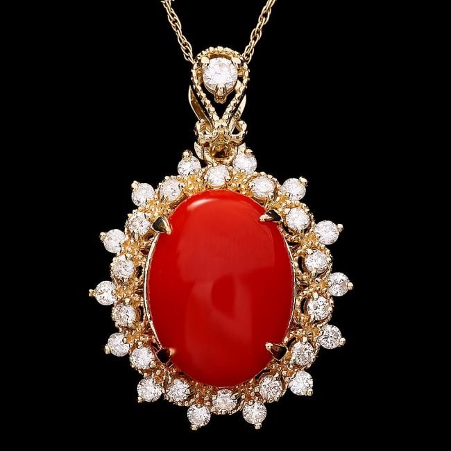 14k Gold 4.70ct Coral 0.80ct Diamond Pendant: Retail: $7,500.00 ****** 14k Gold 4.70ct Coral 0.80ct Diamond Pendant ****** Metal: 14k Solid Yellow Gold / Size: 16 / Total Item Weight: 4.5 grams / Country Made: United States / / Main Stone: Coral 