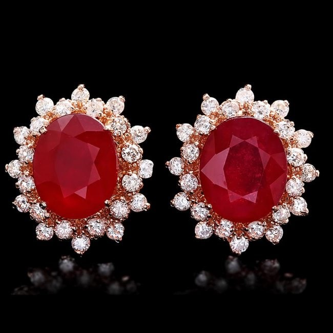 14k Rose 10.00ct Ruby 1.40ct Diamond Earrings: Retail: $9,500.00 ****** 14k Rose 10.00ct Ruby 1.40ct Diamond Earrings ****** Metal: 14k Solid Rose Gold / Total Item Weight: 6.3 grams / Country Made: United States / / Main Stone: Ruby / Color: Red 