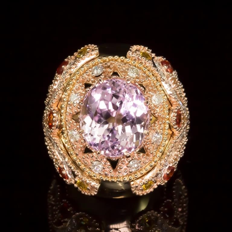 14K Gold 14.78ct Kunzite, 1.40ct Orange Sapphire 1.52ct Diamond Ring: Retail: $18,311.00 ****** Kunzite, Orange Sapphire & Diamond Ring ****** Metal: 14K Solid Yellow & Rose Gold / Total Item Weight: 20.0 grams / Country Made: United States / / Main Stone: Kunzite / Col