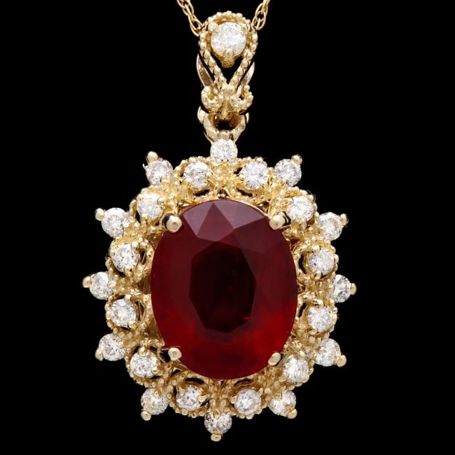 14k Gold 5.00ct Ruby 0.60ct Diamond Pendant: Retail: $5,100.00 ****** 14k Gold 5.00ct Ruby 0.60ct Diamond Pendant ****** Metal: 14k Solid Yellow Gold / Size: 16 / Total Item Weight: 5.0 grams / Country Made: United States / / Main Stone: Ruby / 