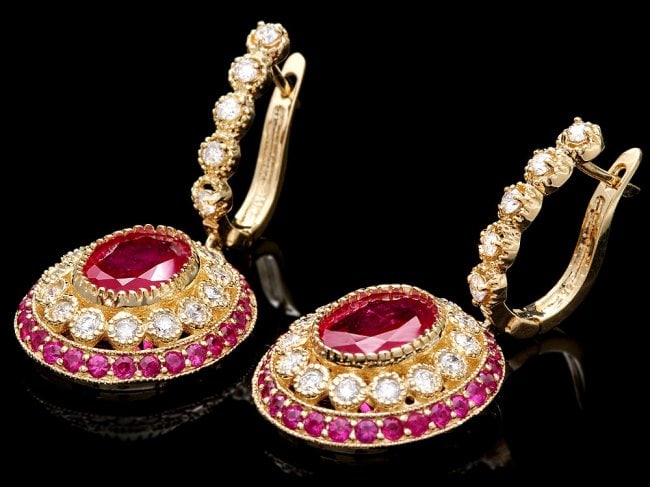 14k Gold 6.7ct Ruby 1.20ct Diamond Earrings: Retail: $11,430.00 ****** 14k Gold 6.7ct Ruby 1.20ct Diamond Earrings ****** Metal: 14k Solid Yellow Gold / Total Item Weight: 13.0 grams / Country Made: United States / / Main Stone: Ruby / Color: Pi