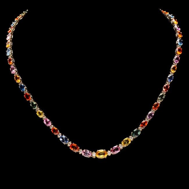 14k Gold 31ct Sapphire 1.4ct Diamond Necklace: Retail: $21,650.00 ****** 14k Gold 31ct Sapphire 1.4ct Diamond Necklace ****** Metal: 14k Solid Yellow Gold / Size: 17 / Total Item Weight: 21.0 grams / Country Made: United States / / Main Stone: Sap