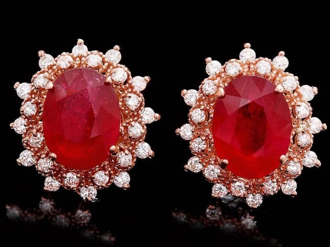 14k Rose 11.00ct Ruby 1.30ct Diamond Earrings: Retail: $9,700.00 ****** 14k Rose 11.00ct Ruby 1.30ct Diamond Earrings ****** Metal: 14k Solid Rose Gold / Total Item Weight: 7.5 grams / Country Made: United States / / Main Stone: Ruby / Color: Red 