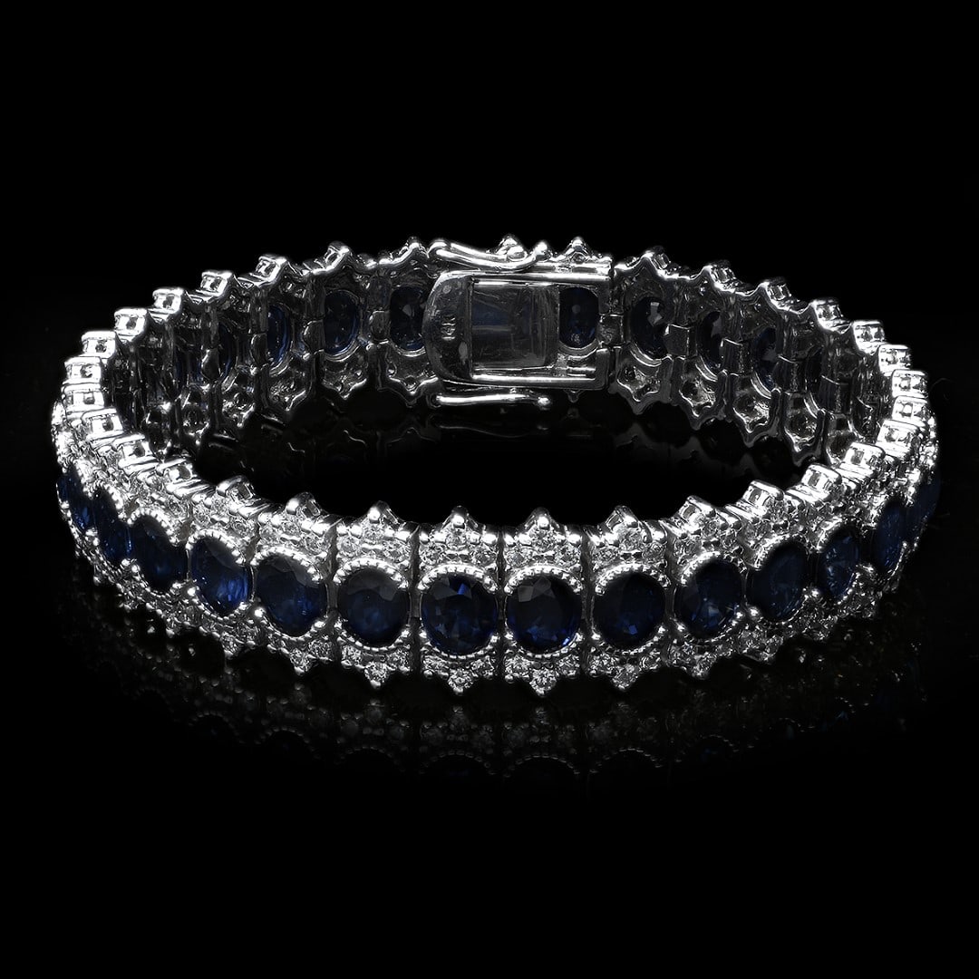 14K White Gold 22.41ct. Sapphire & Diamond Bracelet: Retail: $27,761.00******14k White Gold 22.41cts. Sapphire 5.14cts Diamond Bracelet****** Metal: 14K White Gold/ Total Wt.:36.0g/ Country Made: USA//Main Stone: Sapphire/ Carat Total Main Stone: 22.41 
